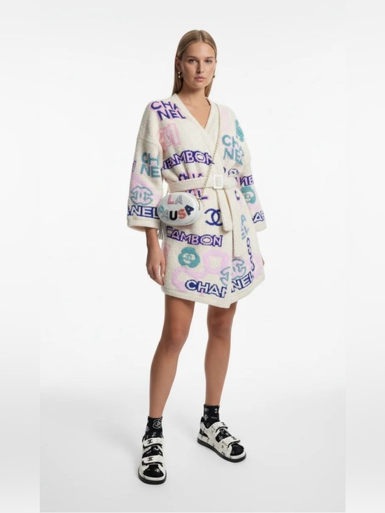 CHANEL Jackets & Blazers - CHANEL Cream Bouclé Logo-Print Robe Jacket with Pink & Blue Accents